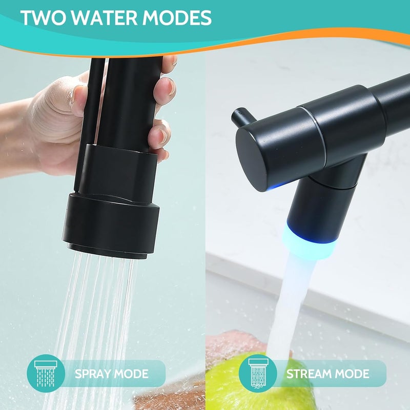 kicimpro Matte Black LED Kitchen Faucet with Pull Down Sprayer, 304 Stainless Black Faucet for Kitchen Sink, Modern Single Handle High Arc Bar Kitchen Sink Faucet for One Hole Or Three Hole Sink - Image 3